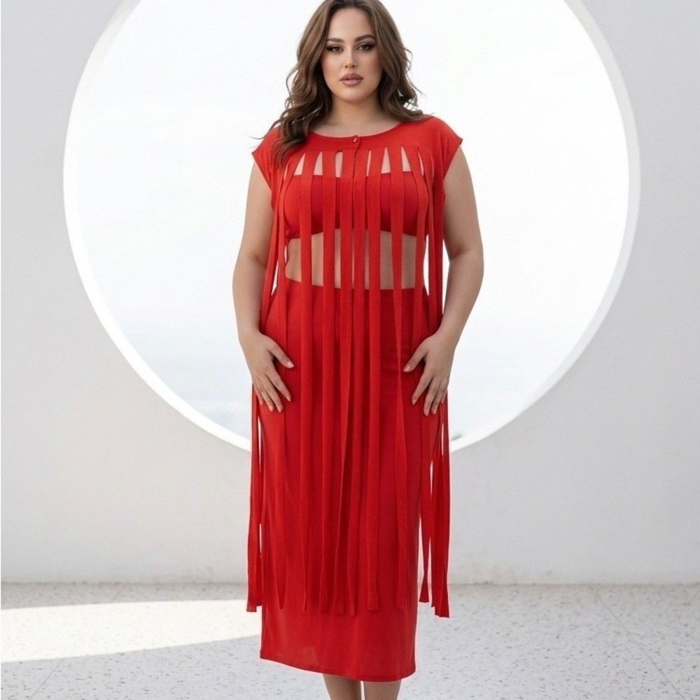Casual Elegance by Ben Marc Red Fringe Shredded Maxi Dress Vest Womens 2X New